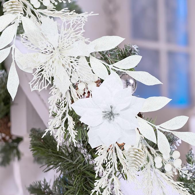 Winlyn 35 Pcs Christmas Artificial Poinsettia Flowers Picks and Artificial Leaves Sprays White Glitter Christmas Floral Picks for White Christmas Tree Wreath Garland Holiday Centerpiece Decorations