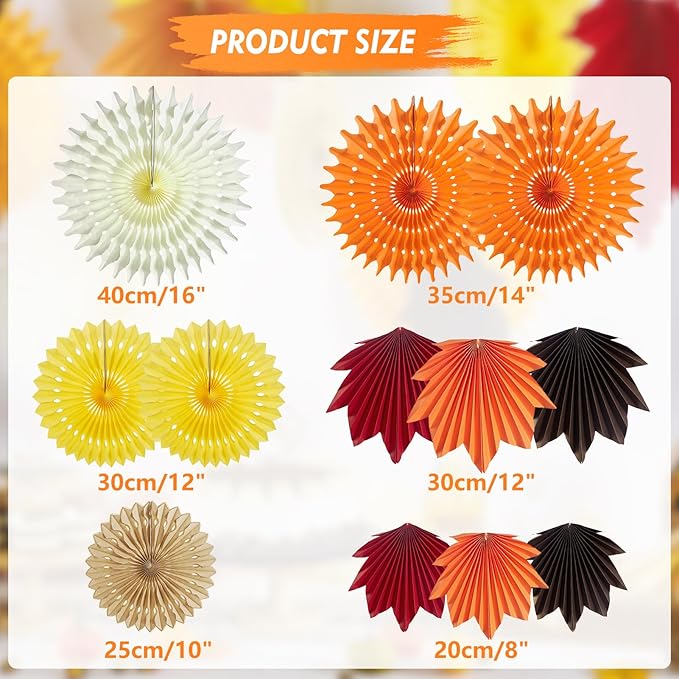 12 PCS Fall Party Decorations Maple Leaves Paper Fans Orange Hanging Paper Fans Paper Flowers Decorations for Wall for Autumn Thanksgiving Birthday Baby Shower Rustic Wedding Decorations, 14001-1215