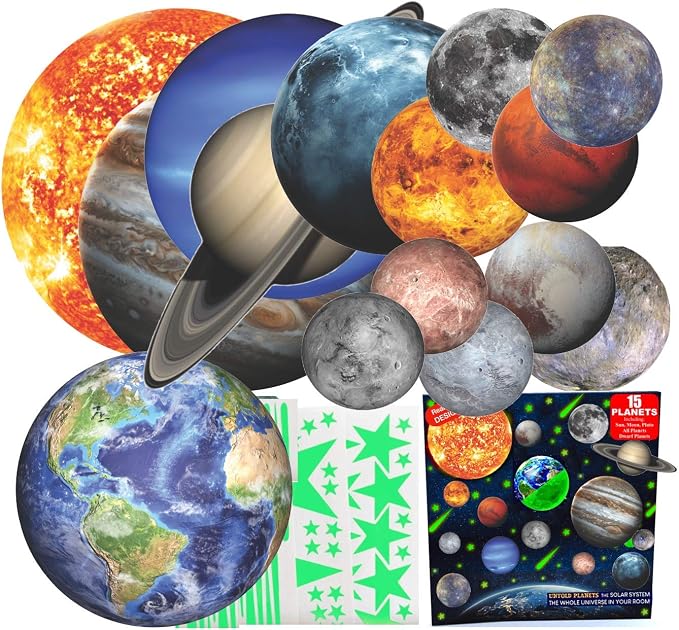 UNTOLD PLANETS 185+ PCS Glow in The Dark Stars and Planets 3D Realistic Ceiling Solar System for Kids Wall Stickers, All Glowing Planets Dwarf Pluto Moon Sun Galaxy Decor, Christmas Gift