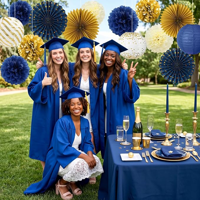 ADLKGG Navy Blue and Gold Party Decorations, 14 Pcs Hanging Paper Fans, Lanterns, Pom Poms, Elegant Backdrop for Class of 2026 Graduation, Nautical Baby Shower, Bachelorette, Men Birthday