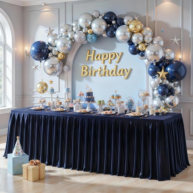 Wish Care 4 Pack Satin Table Cover Skirts for 6ft Rectangular Tables, Navy Blue Shimmer Silk Tablecloth with Floor Length Ruffle for Wedding Banquet Party Buffet Decoration