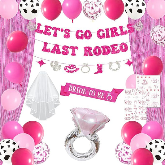Roetyce Last Rodeo Bachelorette Party Decorations, Pink Bride To Be Sash Veil Fringe Curtain, Let's Go Girls Banner Balloons Temporary Tattoos Kit, Cowgirl Western Bridal Shower Wedding Decorations