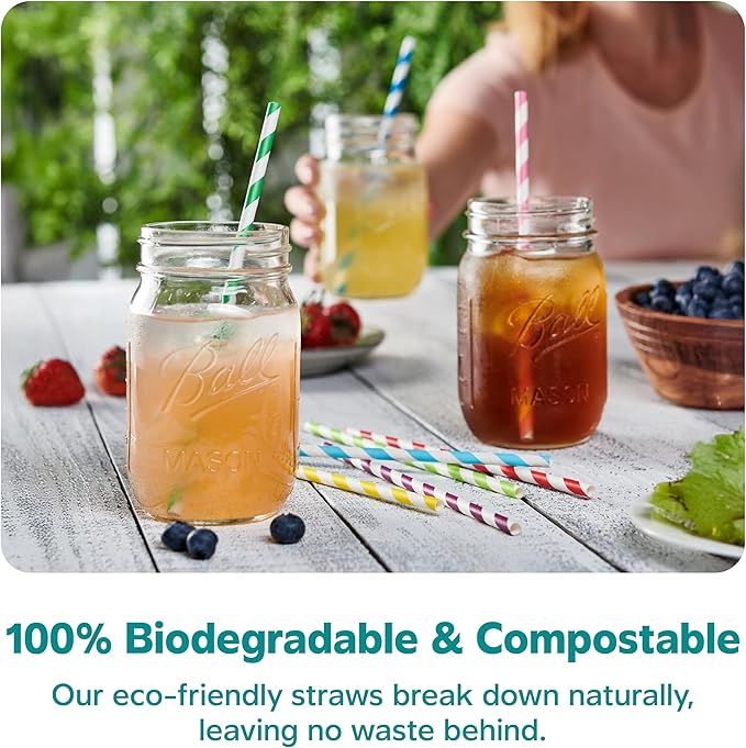GUSTO [200 Pack] Striped Paper Drinking Straws – Sturdy & Non-Soggy – 100% Biodegradable, Food-Safe Ink, and Multi-Layered for Long-Lasting Use – Vibrant Assorted Colors (Formerly Comfy Package)
