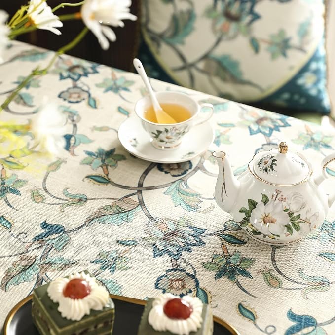 patdrea Vintage French Linen Tablecloth,Square,55"x55"-Noah | Heavyweight Floral Table Cloth for Square Table,Botanical Green Pattern,for Dining Room Tea Party Thanksgiving