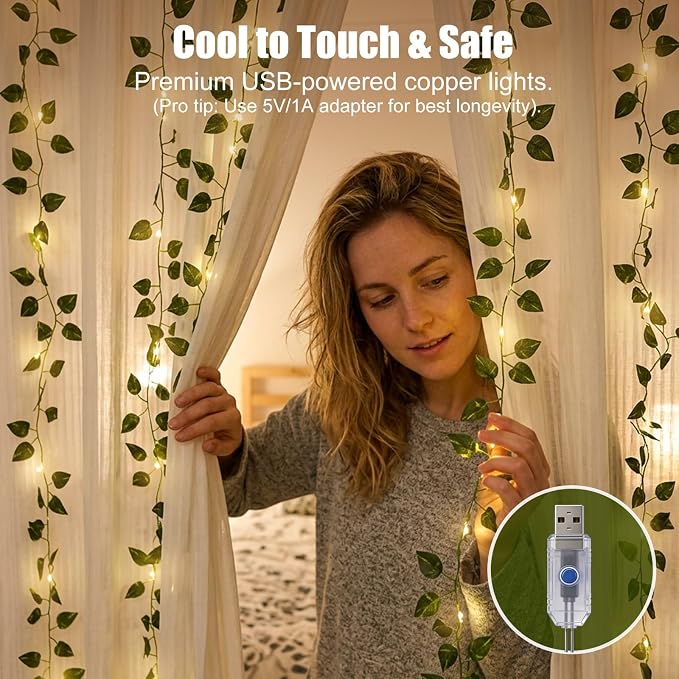 Bexdir 200 LED Curtain Vine Lights for Bedroom Decoration, 6.6x6.6ft Pre-Assembled Hanging Fake Vines with Fairy Lights USB Powered, Aesthetic Artificial Pothos Lights for Room Wall Decor