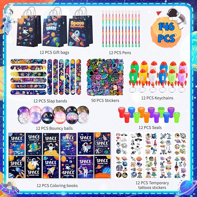 146pcs Space Party Favors Bags Fillers Include Outer Space Goodie Bags Bracelets Solar System Coloring Books etc for Astronaut Party Decorations Supplies