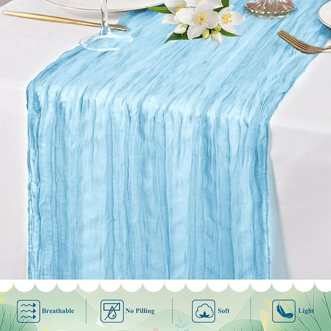 20 Pack Light Blue Cheesecloth Table Runner 10FT Long Boho Gauze Fabric Table Runner Vintage Rustic Sheer Runners for Wedding Party Bridal Baby Shower Table Decorations