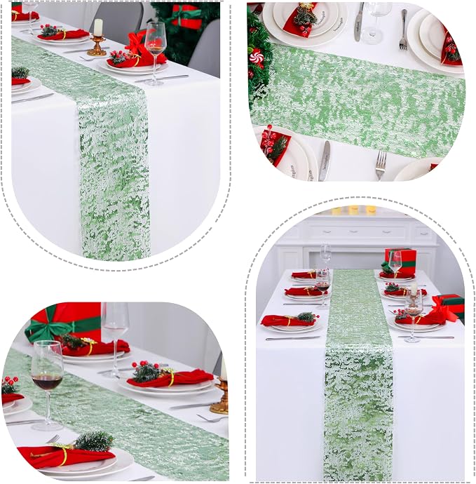Snowkingdom Sage Green Table Runner, Sequin Glitter Foil Metallic Sage Green Mesh Spring Table Runner 11inch x 240inch,Table Decorations for Party Wedding Bridal Birthday Shower Christmas