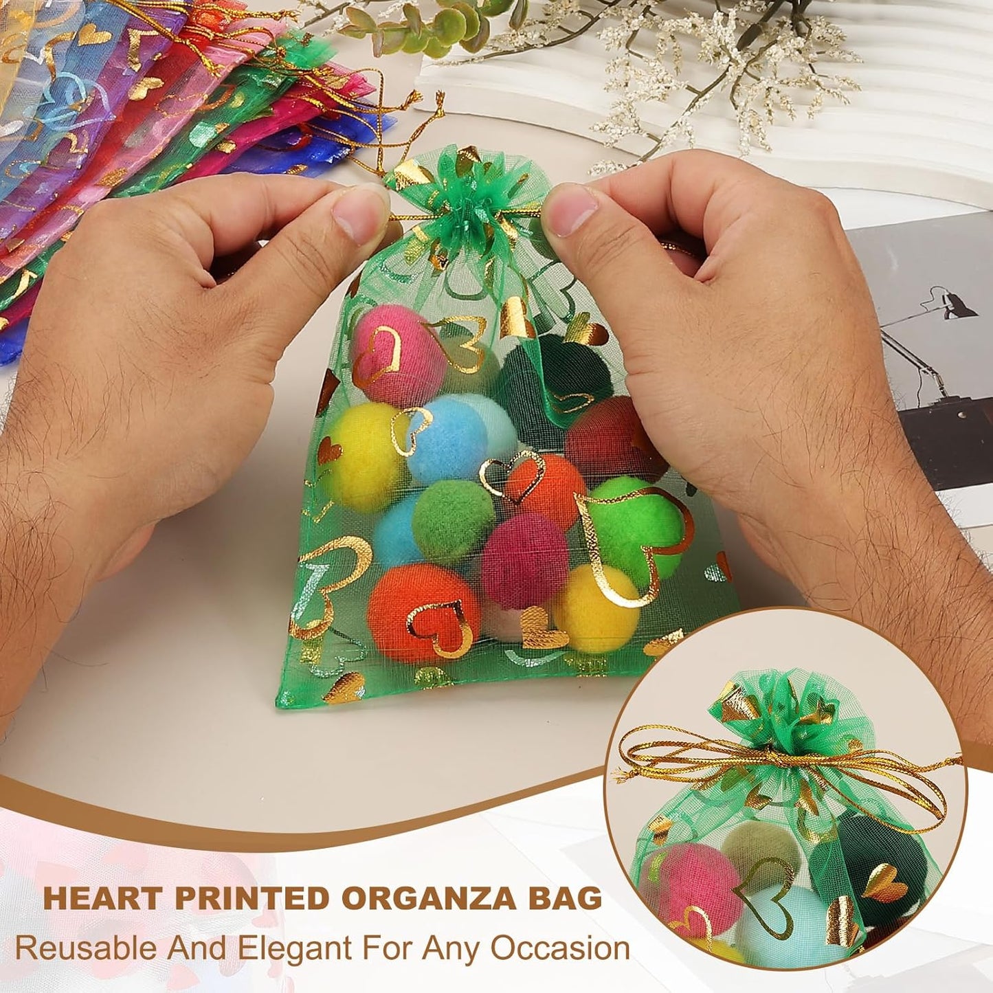 PATIKIL 100 Pcs 5x7 Inch Heart Printed Organza Bags, Lake Blue Sheer Heart Organza Bags with Drawstring for Christmas Candy Jewelry Party Wedding Favor Gift