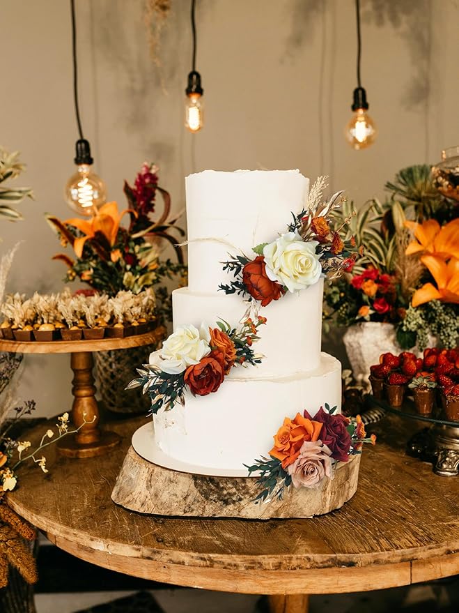 Rinlong 3Pcs Cake Flowers Cake Toppers Terracotta Artificial Flowers for Cake Decor Burnt Orange Fall Wedding Cake Decorating Flowers for Baby Shower Birthday