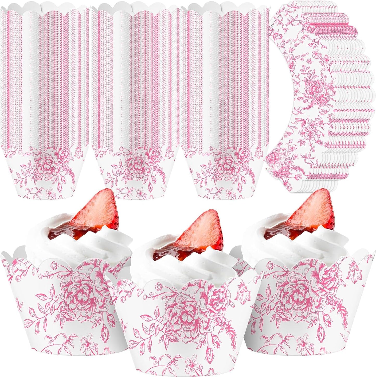 Domensi 100 Pcs Pink Floral Cupcake Wrappers Rustic Cupcake Liners Pink Baking Cups Flower Baking Liners for Wedding Bridal Baby Shower Birthday Party Supplies Dessert Decoration
