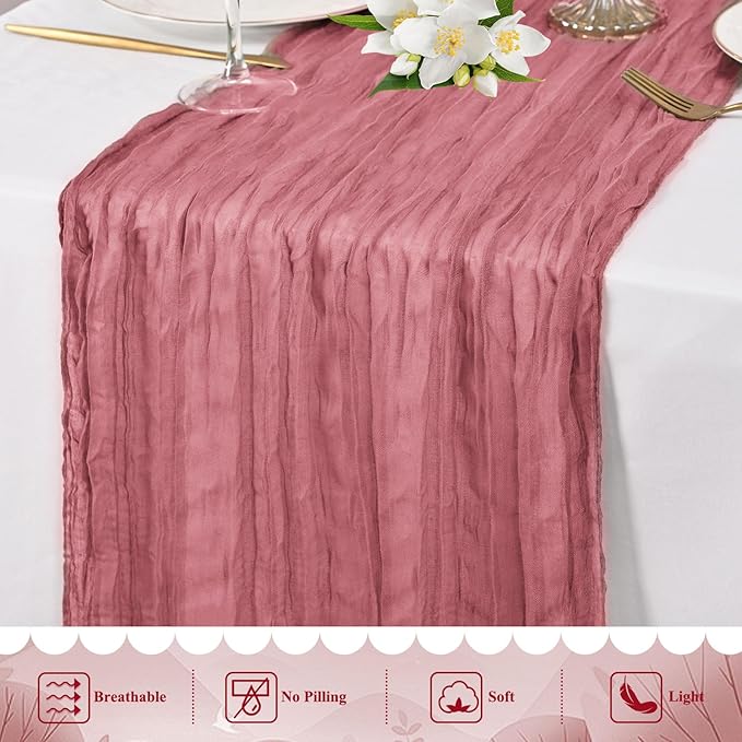 20 Pack Dusty Rose Cheesecloth Table Runner 10FT Long Boho Gauze Fabric Table Runner Vintage Rustic Sheer Runners for Wedding Party Bridal Baby Shower Table Decorations