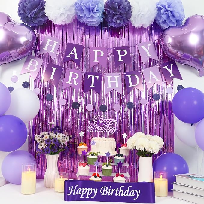 Purple Birthday Decorations, 50PCS Happy Birthday Decorations for Women Include Banner Balloons Sash Foil Fringe Curtain Paper Pompoms, Purple Party Decorations for Girls Women