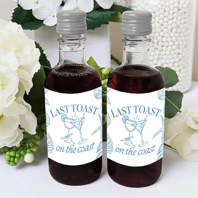 Big Dot of Happiness Last Toast on the Coast Mini Wine and Champagne Bottle Label Stickers, Beach Bachelorette Party Favor Gift for Coastal Bridal Shower - Set of 16
