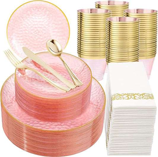 DaYammi 350 Pcs Clear Pink Plastic Plates, Hammered Disposable Dinnerware, Pink Plates Set Include 100 Plastic Platos, 150 Gold Disposable Silverware, 50 Cups And 50 Napkins for Mother's Day Party