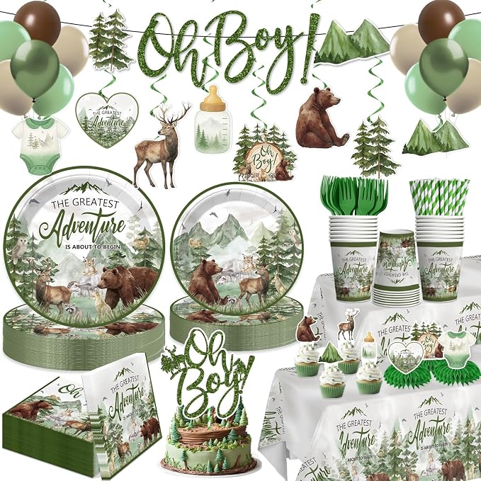 Xynic 144pcs Let The Adventure Begin Baby Shower Decorations Tableware Complete Party Set, Let The Adventure Begin Decorations, Serves 20 Guests, for Boy Baby Shower Party