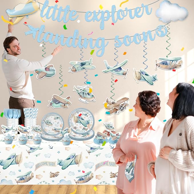 202PCS Airplane Baby Shower Decorations for Boy, Tableware Set Serves 25, Blue Airplane Theme Party Supplies with Banner, Plates, Tablecloth, Cups, Cupcake Toppers & Centerpieces
