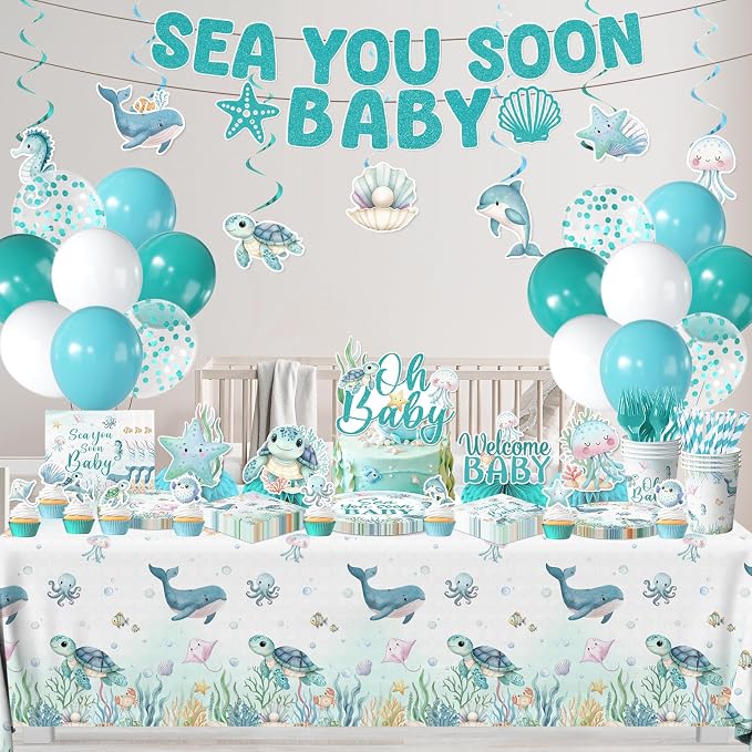 Sea You Soon Baby Shower Decorations Under The Sea Baby Shower Party Supplies Ocean Sea Animal Disposable Plates Napkins,Tablecloth,Cups,Balloon,Fork,Cake Toppers for Sea You Soon Theme Decor,Serve 24