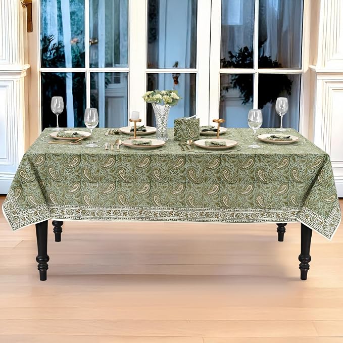 Ridhi Block Print Nostalgic Naturals Rectangle Cotton Tablecloth 120" x 60" Reusable Table Cover Decorative Everyday Use for Dining, Farmhouse, Home Gift for Spring, Easter, Summer