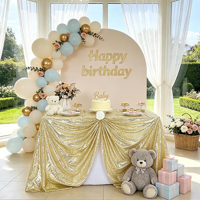 MoKoHouse Light Gold Tablecloth Rectangle 60" x 102" Glitter Table Cloth Sequin Fabric for Halloween Party Wedding Ceremony Cake Dessert Table Decorations