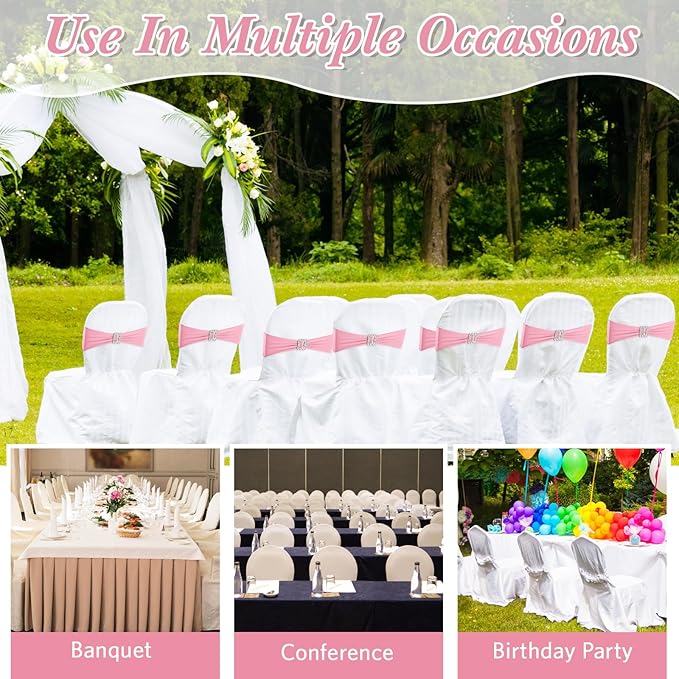 VitalCozy 150 Pcs Spandex Chair Sashes with Square Buckle Slider Stretch Chair Cover Band Universal Elastic Ties Straps Bows for Wedding Banquet Event Party Decoration(Light Pink)