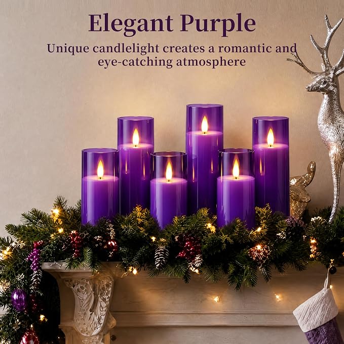 Homemory Purple Battery Operated Flameless Candles with Remote and Timer, Flickering LED Pillar Candles, Acrylic Decorative Candles for Home Decor, Weddings, Parties and Holidays, 9 Pack