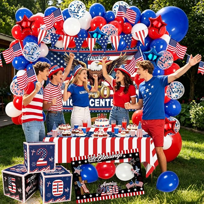 170Pcs 250th Anniversary Decorations, ALL-IN-1 Patriotic Party Supplies Red White Blue Balloon Arch American 250 Decorations Backdrop for 4th of July Independence Day Semiquincentennial Celebration