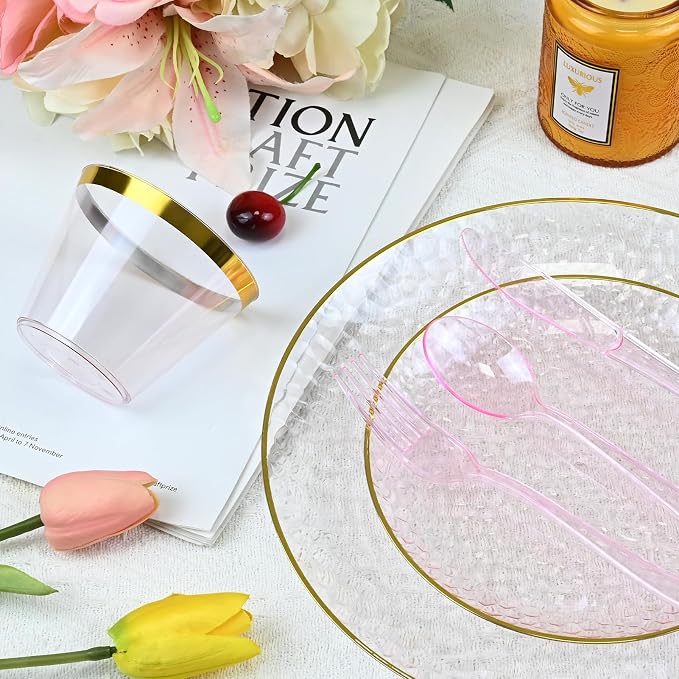 175PCS Pink Hammered Plastic Dinnerware Set for 25 Guests - Disposable Pink Plates with Gold Rim, Heavy Duty Cups Pre-Rolled Napkins with Cutlery (Forks/Knives/Spoons), Ideal for Wedding, Party