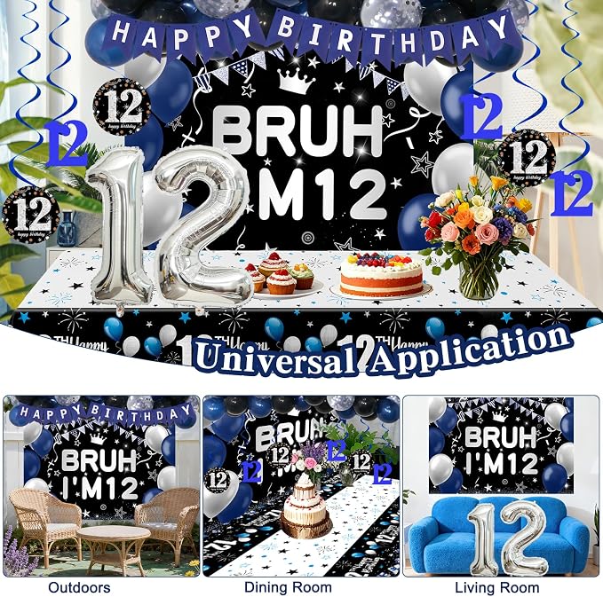 12th Birthday Decorations for Boys & Girls, 54 PCS Blue Black Party Decorations, 12 Year Old Boy Birthday Party Supplie with Banner Backdrop, Hanging Swirls, Tablecloth, Bruh I'm 12 Party Supplies