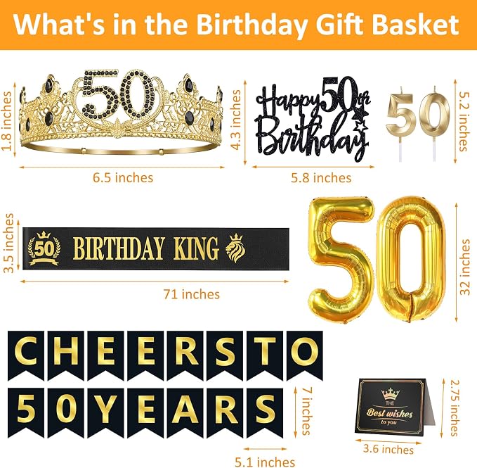 50th Birthday Gifts for Men, 50th Birthday Decorations for Men, Party Decor Supplies including King Crown & Sash & Banner & Balloons & Cake Topper & Candles