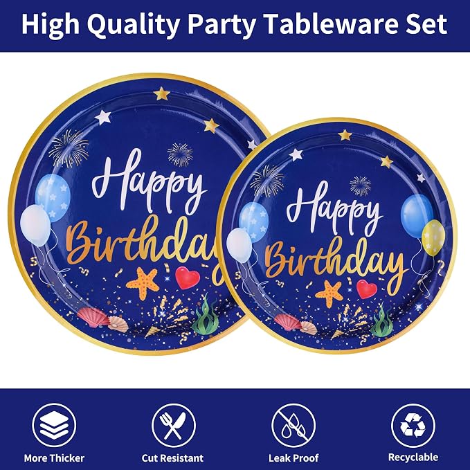 Blue Happy Birthday Party Supplies Tableware Set Birthday Decoration with Banner and Tablecloths Plates Cups Napkins Party Dinnerware for 24 Guests Men Boys