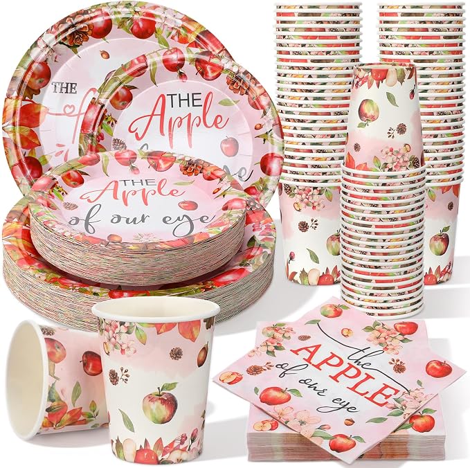 Domensi 250 Pcs Fall Apple Baby Shower Decoration Apple of Our Eye 1st Birthday Party Paper Plates and Napkins Disposable Tableware Sets for Fruit Theme Baby Shower Decors Party Supplies