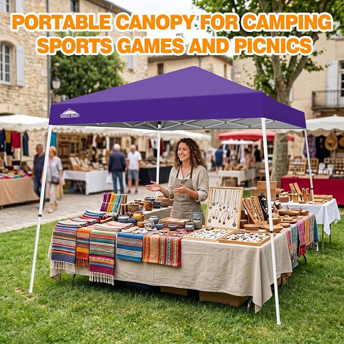 EAGLE PEAK 10x10 Slant Leg Pop-up Canopy Tent Easy One Person Setup Instant Outdoor Beach Canopy Folding Portable Sports Shelter 10x10 Base 8x8 Top (Purple)