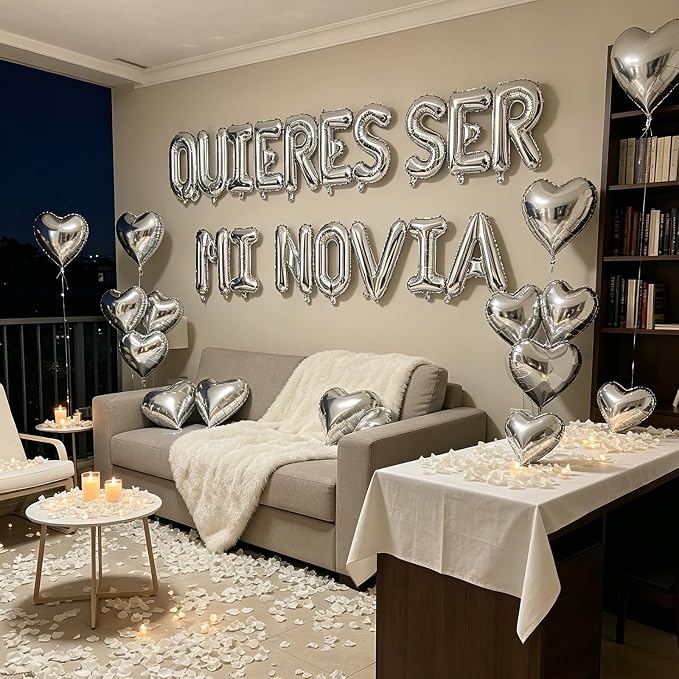 QUIERES SER MI NOVIA 2 Set Balloons - 34pcs 16" Letter, 10pcs 18" Heart, Alphabet Foil Mylar for Valentines Day Decorations with 1200pcs Cream White Artificial Rose Petals