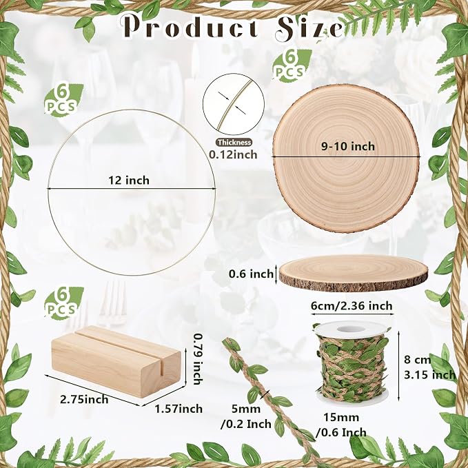 Leinuosen 6 Sets 12" Metal Hoop Table Decor with Stands, 6pcs 9-10" Natural Wood Slices & 33ft Jute Leaf Ribbon for Wedding Bridal Baby Shower Party Center Decoration