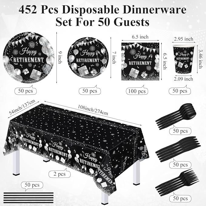 Funnymoom 452 Pcs Retirement Party Decorations Supplies Set Include Black and Silver Retirement Paper Plates Napkins Cups Tablecloth Cutlery Straws for Men Women Say Goodbye Party