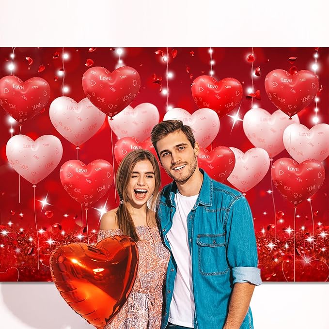 Red Hearts Balloons Anniversary Backdrop Banner 7x5ft Romantic Love Theme Photo Background For Anniversary Engagement Wedding Bridal Shower Couples Date Night Party Decorations Photo Booth (82x59inch)