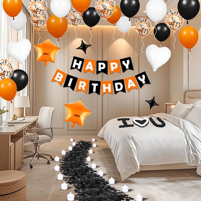 Orange Birthday Balloons Decorations Orange Black and White Halloween Birthday Balloon Letters Banner with 6Pcs Star Balloons Artificial Rose Petal 24 Flameless LED Candles for Halloween Bday Decor