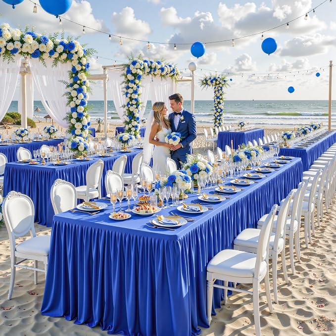 PARTISKY 2 Pack Royal Blue Tablecloths for Rectangle Tables 6ft, Wrinkle Resistant Spandex Table Cover Fitted Stretch Table Cloth with Pleated Ruffle Skirts for Party Banquet Dining Birthday Wedding