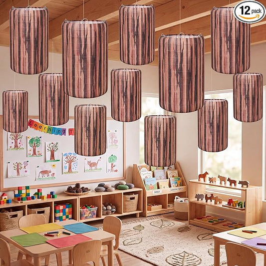 Zhengmy 12 Pack Paper Lanterns Woodland Hanging Paper Lantern Decorations Grain Foldable Party Decor for Camping Theme Baby Shower Birthday Wedding Classroom (Wood Stump)