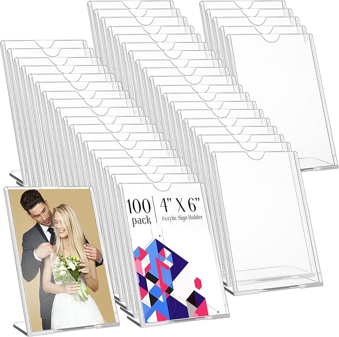 Maitys 100 Pack 4x6 Acrylic Picture Frame Bulk Vertical Clear Plastic Photo Frames Self Standing Brochure Holders Price Display Signs L-shape Plastic Frames for Wedding, Restaurant, Office, Desktop