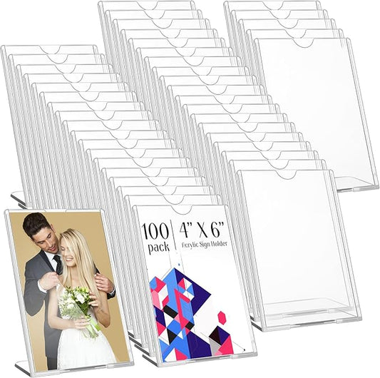 Maitys 100 Pack 4x6 Acrylic Picture Frame Bulk Vertical Clear Plastic Photo Frames Self Standing Brochure Holders Price Display Signs L-shape Plastic Frames for Wedding, Restaurant, Office, Desktop