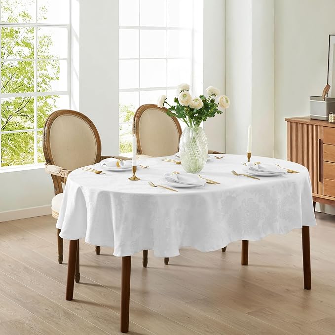 Newbridge Barcelona Luxury Damask Fabric Tablecloth, 60” Wide x 102” Oval, White, 100% Polyester, No Iron, Soil Resistant Dining Room, Party and Banquet Table Cover