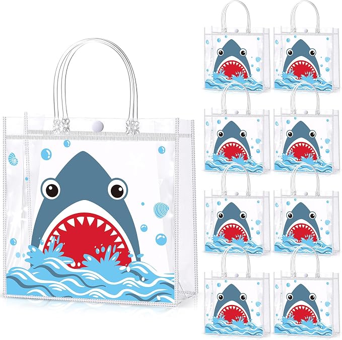 Hosuly 24 Pcs Shark Party Favor Bags with Handles, Clear PVC Blue Shark Candy Goodie Gift Bags for Summer Ocean Sea Baby Shower Birthday Party Favors Supplies, 7.9 x 7.9 x 3.1 Inch