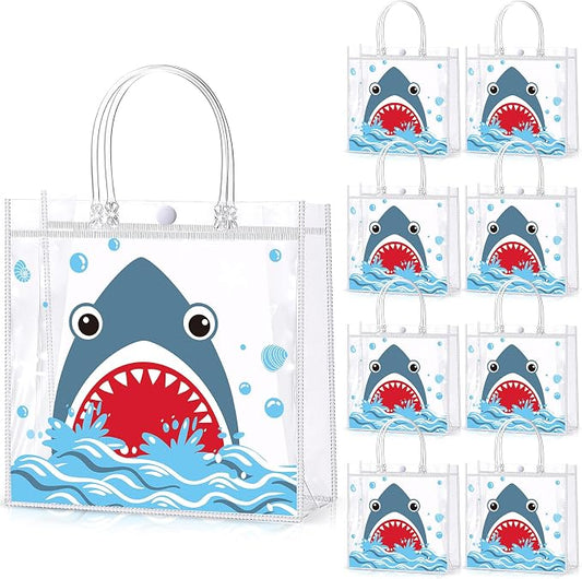 Hosuly 24 Pcs Shark Party Favor Bags with Handles, Clear PVC Blue Shark Candy Goodie Gift Bags for Summer Ocean Sea Baby Shower Birthday Party Favors Supplies, 7.9 x 7.9 x 3.1 Inch