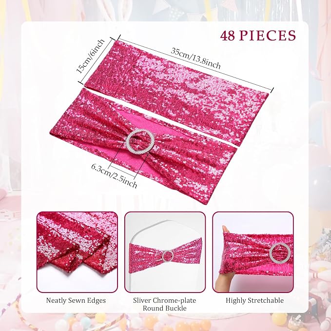 54 Pieces of Red Sequin Chair Ribbons and Table Runners, 48 Sequin Chair Bows, 6 Glitter Table Runners, Suitable for Wedding Parties Birthday Meeting Events Decorations (Rose Red)