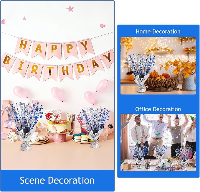 Metallic Star Spray Centerpieces 8 pack for Tables - Bulk 12.4" Foil Fountain Table Decorations for Large Events, Graduation 2026, Wedding Reception (Silver Blue Blend)
