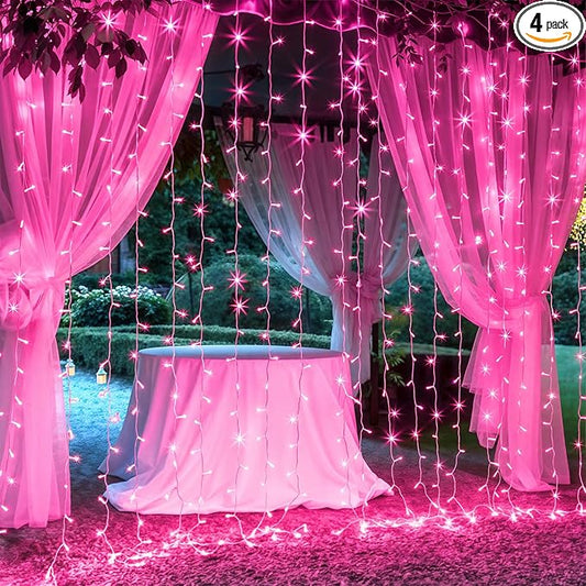 Brightown 300 LED Curtain Lights for Bedroom 9.8 FT Hanging Window Lights with Remote, Connectable, 8 Modes, Waterproof Fairy Lights for Outdoor Indoor Valentine's Day Christmas Holiday Party, Pink