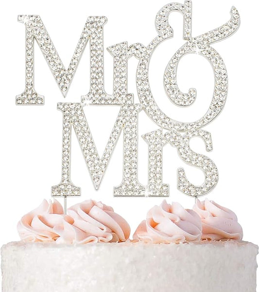 Mr and Mrs Wedding Cake Topper - Premium Silver Metal - Sparkly Wedding or Anniversary Cake Topper - Now Protected in a Box