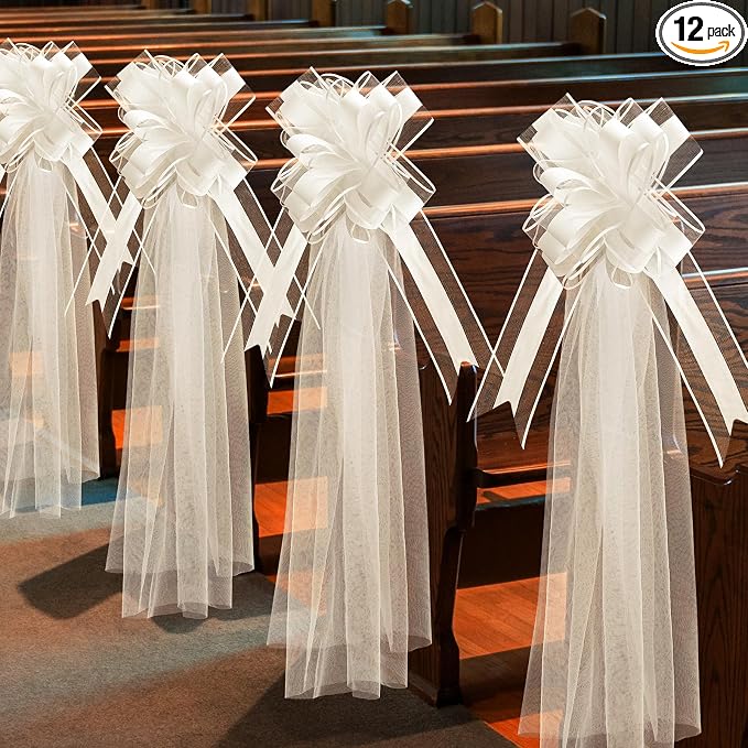 12 Set Large Wedding Pew Bows with Long Tulle Tails Church Chair Aisle Decorations Wedding Car Decoration Big Bows for Bridal Shower Reception Birthday Anniversary (Champagne)